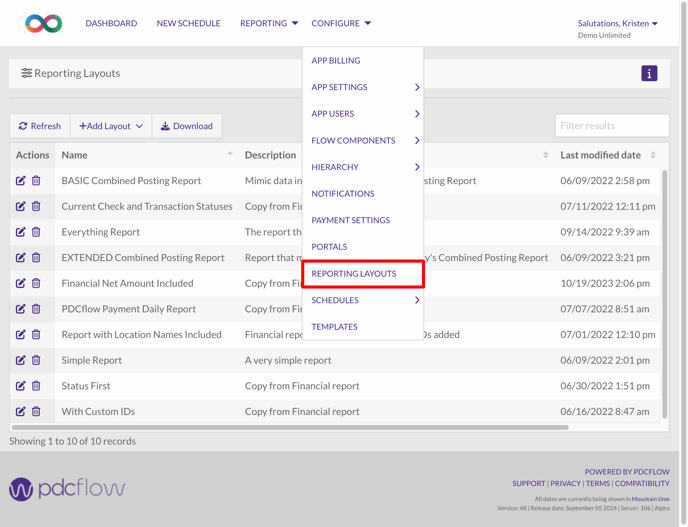 CONFIGURE Reporting-Layouts