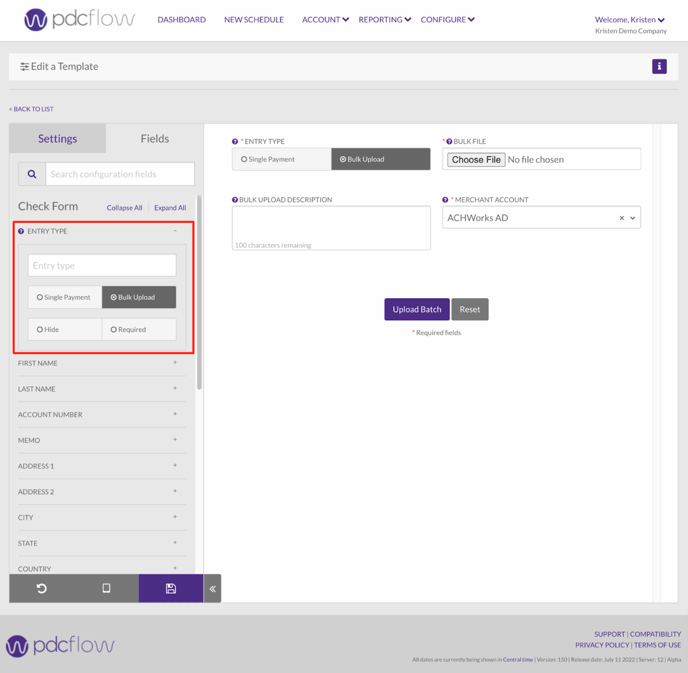 CONFIGURE Template Entry Type Bulk