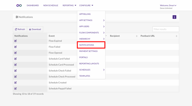 Configure > Notifications