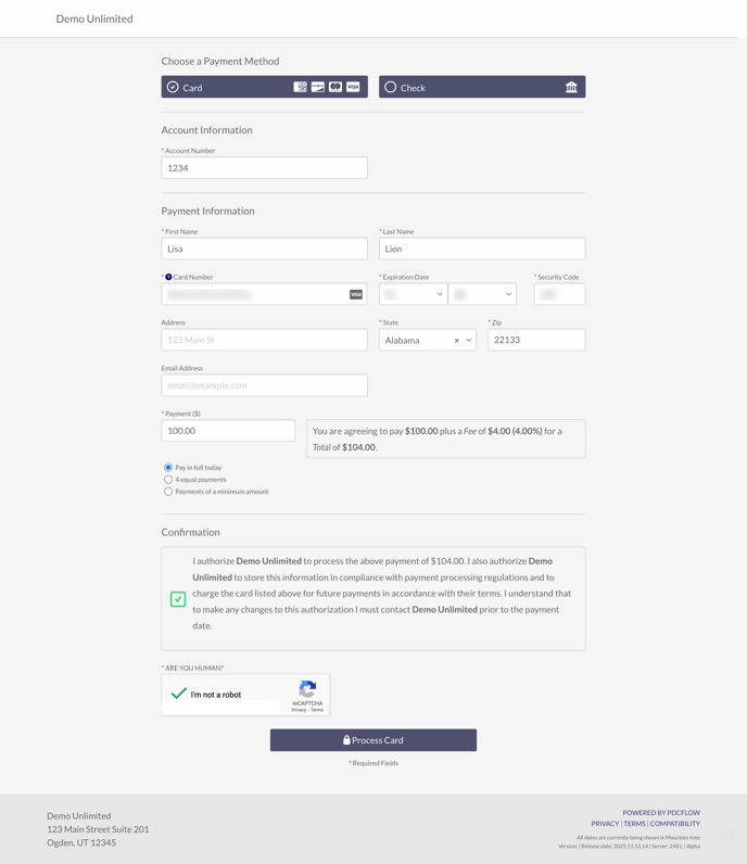 Example portal with info entered
