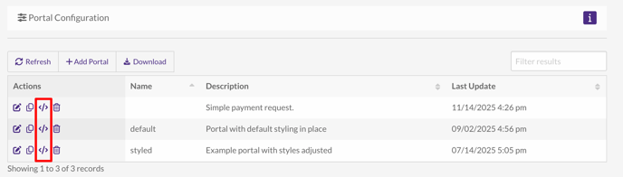 Portal List Page with Code Icon