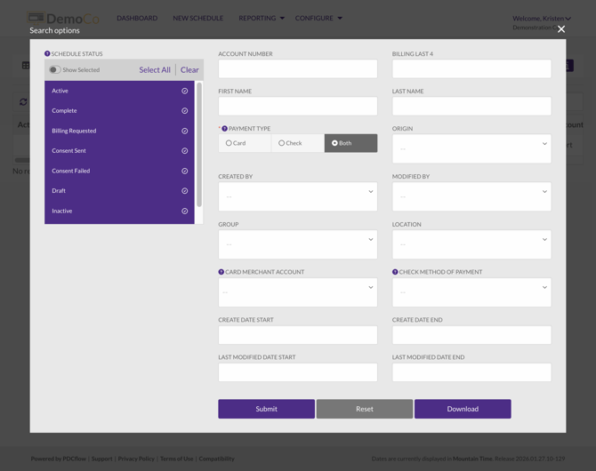 Schedule-reporting-search filters