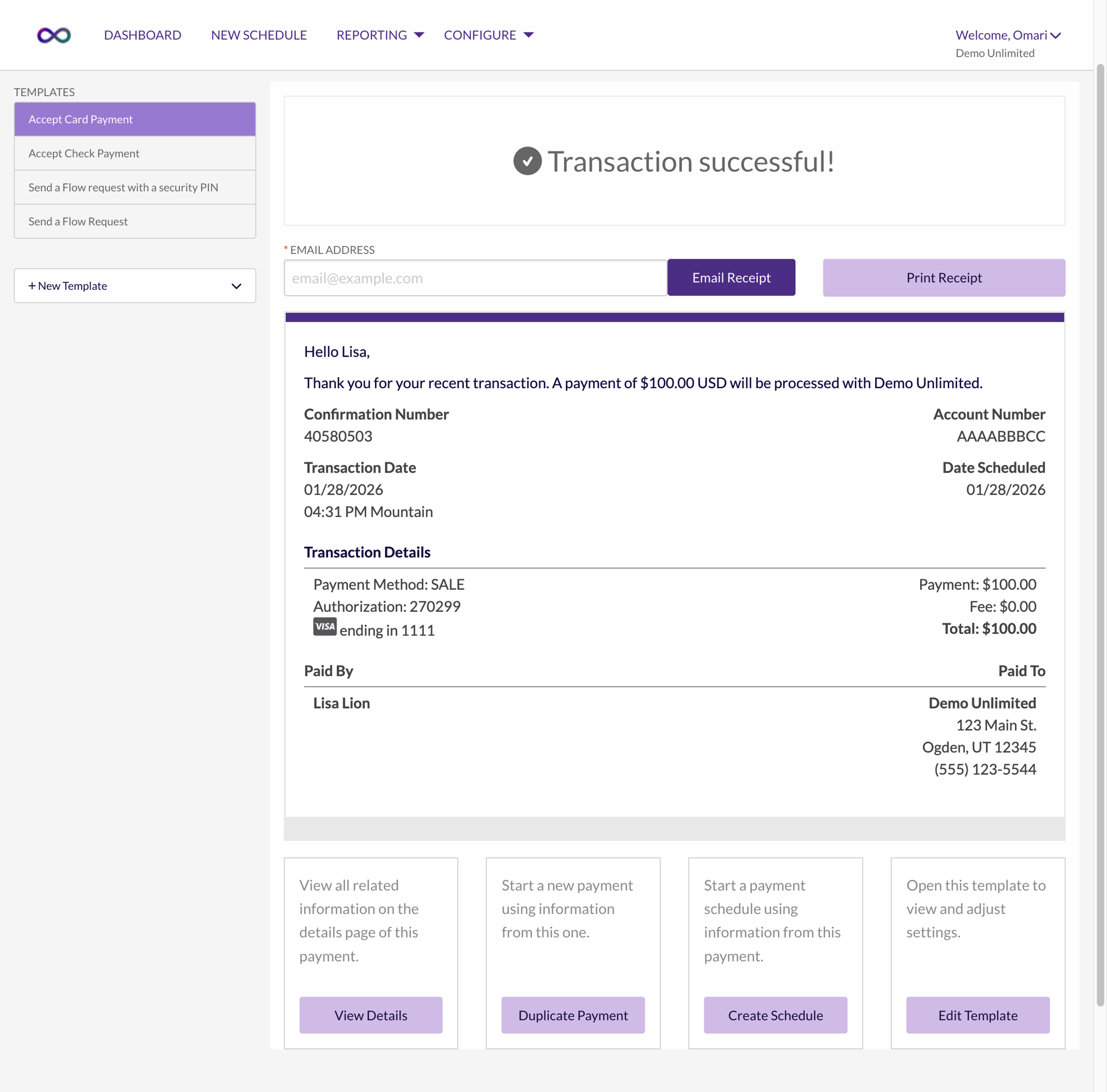 Payment Process Screen Capture Take a Payment from the Dashboard