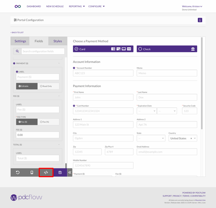 Portal configuration Page with Code Icon